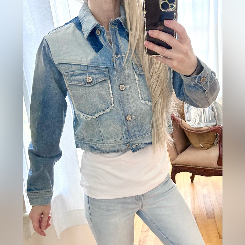 Kancan Denim Jean Patchwork Cropped Jacket Nwot S… - image 2